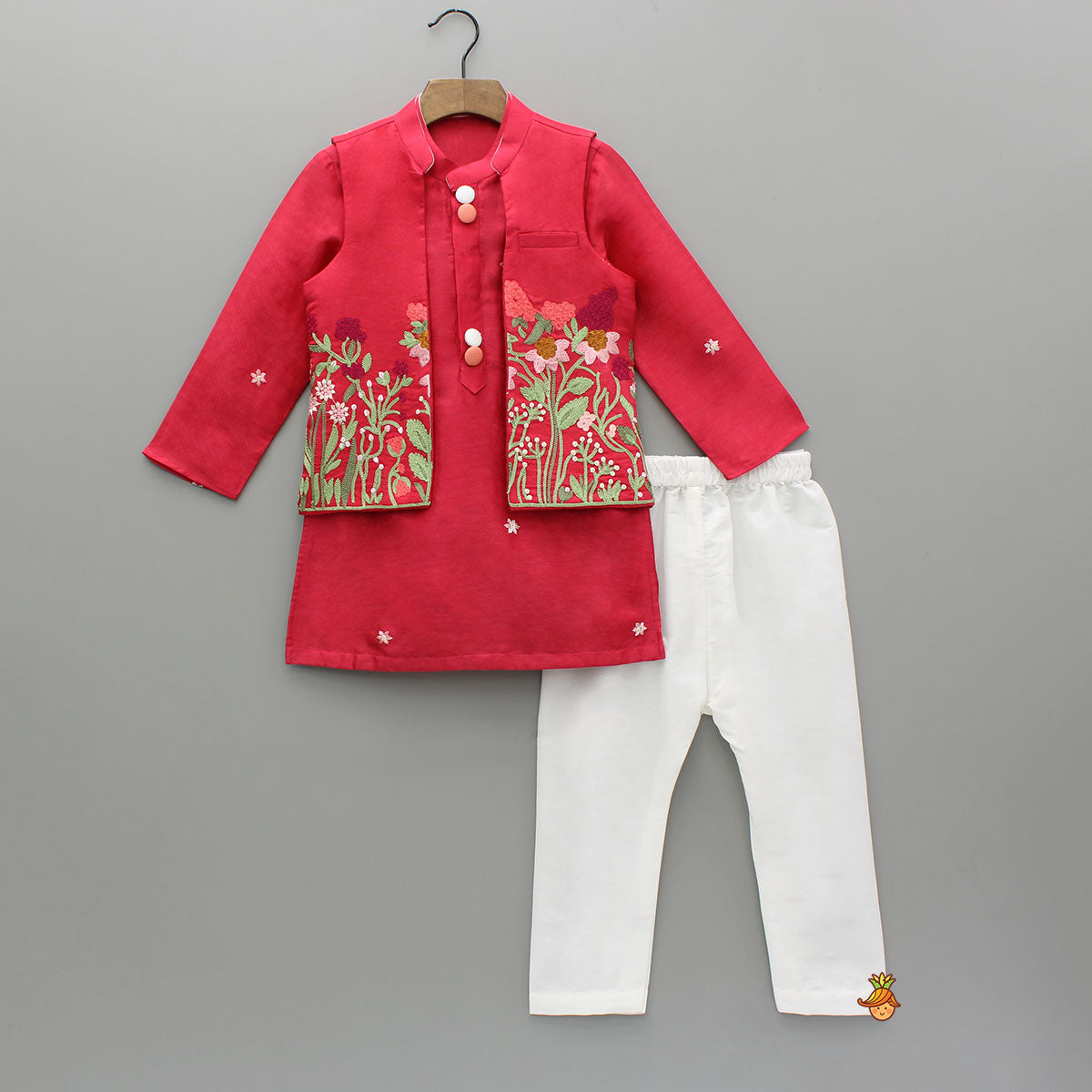 Pre Order: Red Kurta With Front Open Floral Embroidered Jacket And Pyjama