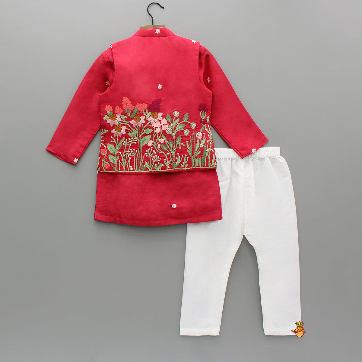 Pre Order: Red Kurta With Front Open Floral Embroidered Jacket And Pyjama