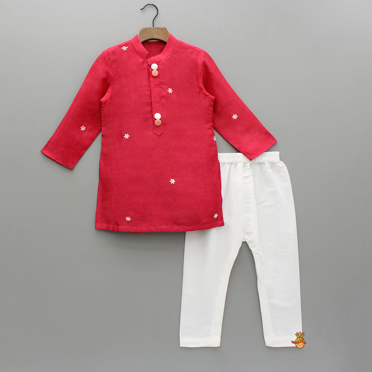 Pre Order: Red Kurta With Front Open Floral Embroidered Jacket And Pyjama