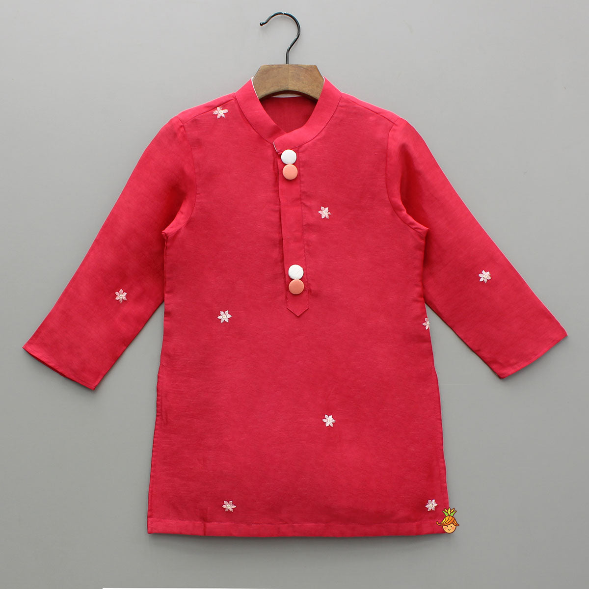 Pre Order: Red Kurta With Front Open Floral Embroidered Jacket And Pyjama