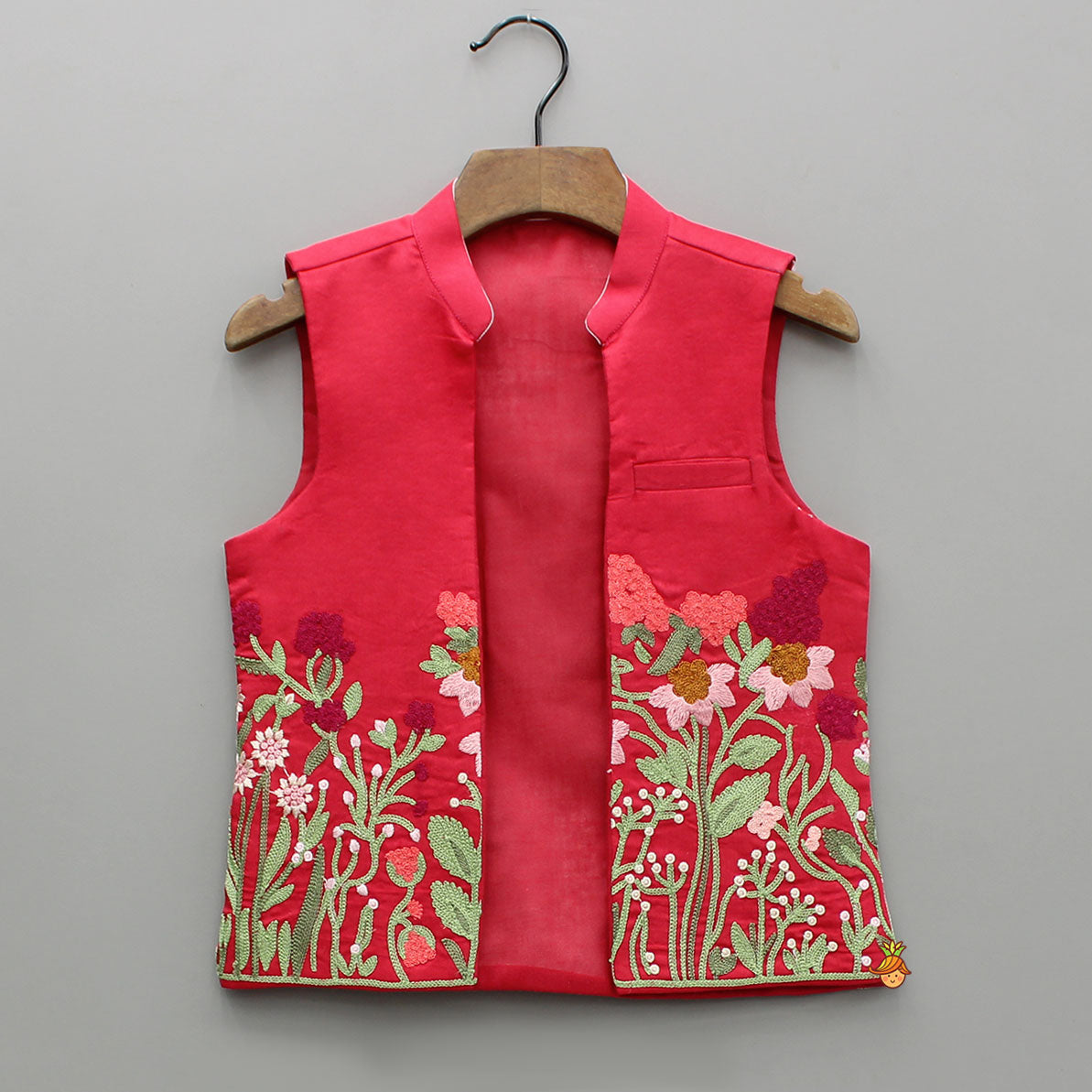 Pre Order: Red Kurta With Front Open Floral Embroidered Jacket And Pyjama