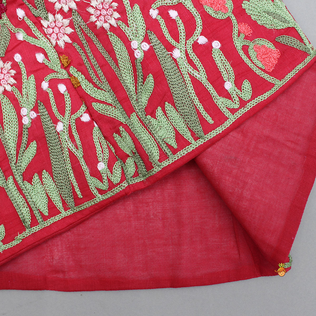 Pre Order: Red Kurta With Front Open Floral Embroidered Jacket And Pyjama