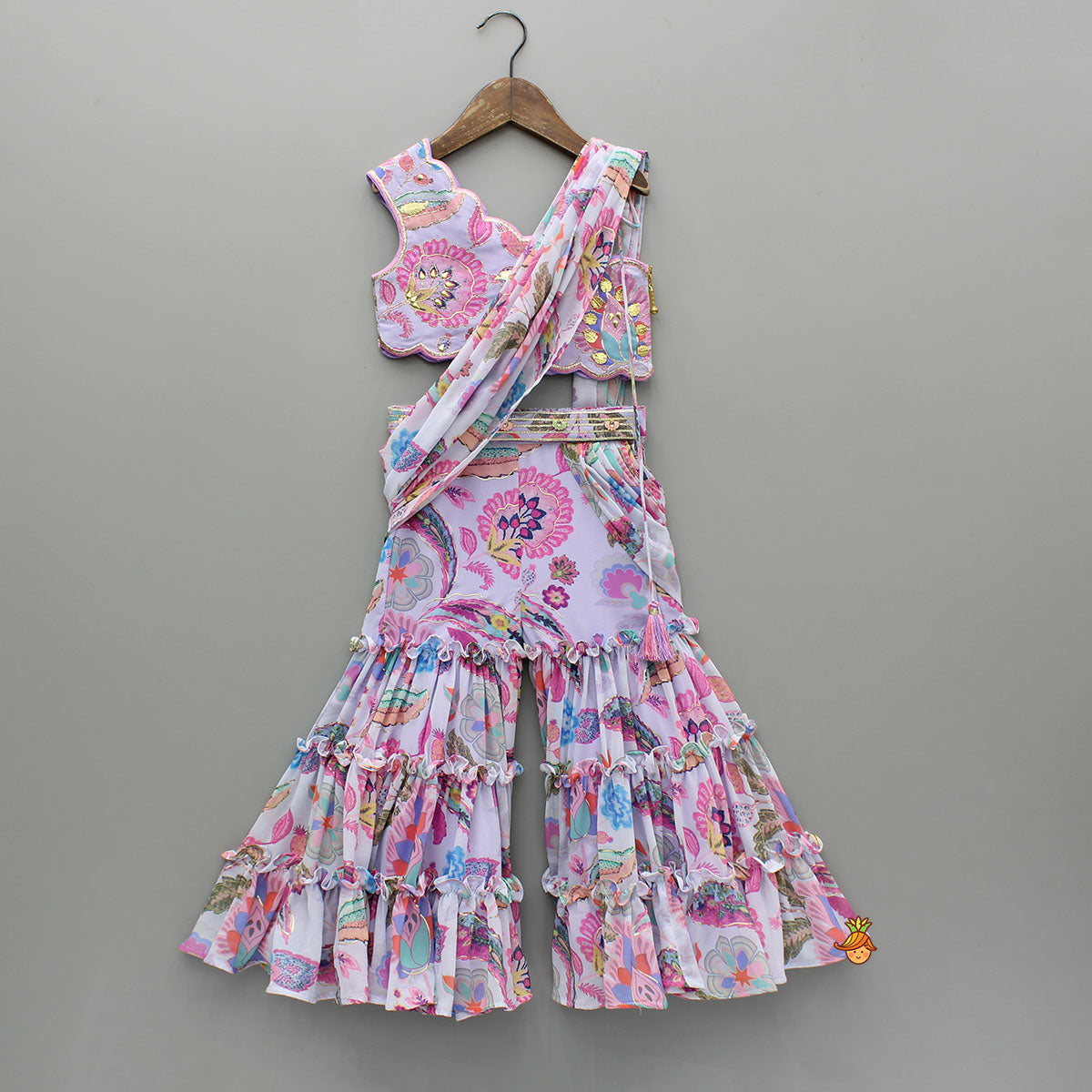 Pre Order: Gorgeous Multicolour Printed One Shoulder Scalloped Top With Flared Sharara And Drape Attached Dupatta