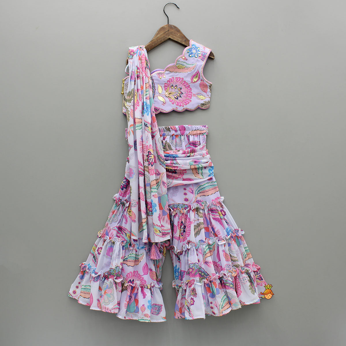 Pre Order: Gorgeous Multicolour Printed One Shoulder Scalloped Top With Flared Sharara And Draped Attached Dupatta