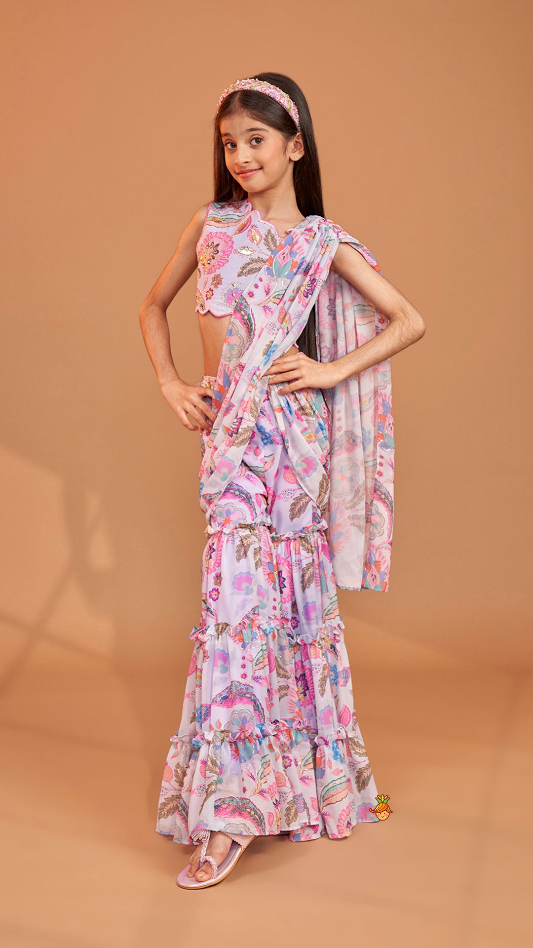 Pre Order: Gorgeous Multicolour Printed One Shoulder Scalloped Top With Flared Sharara And Drape Attached Dupatta