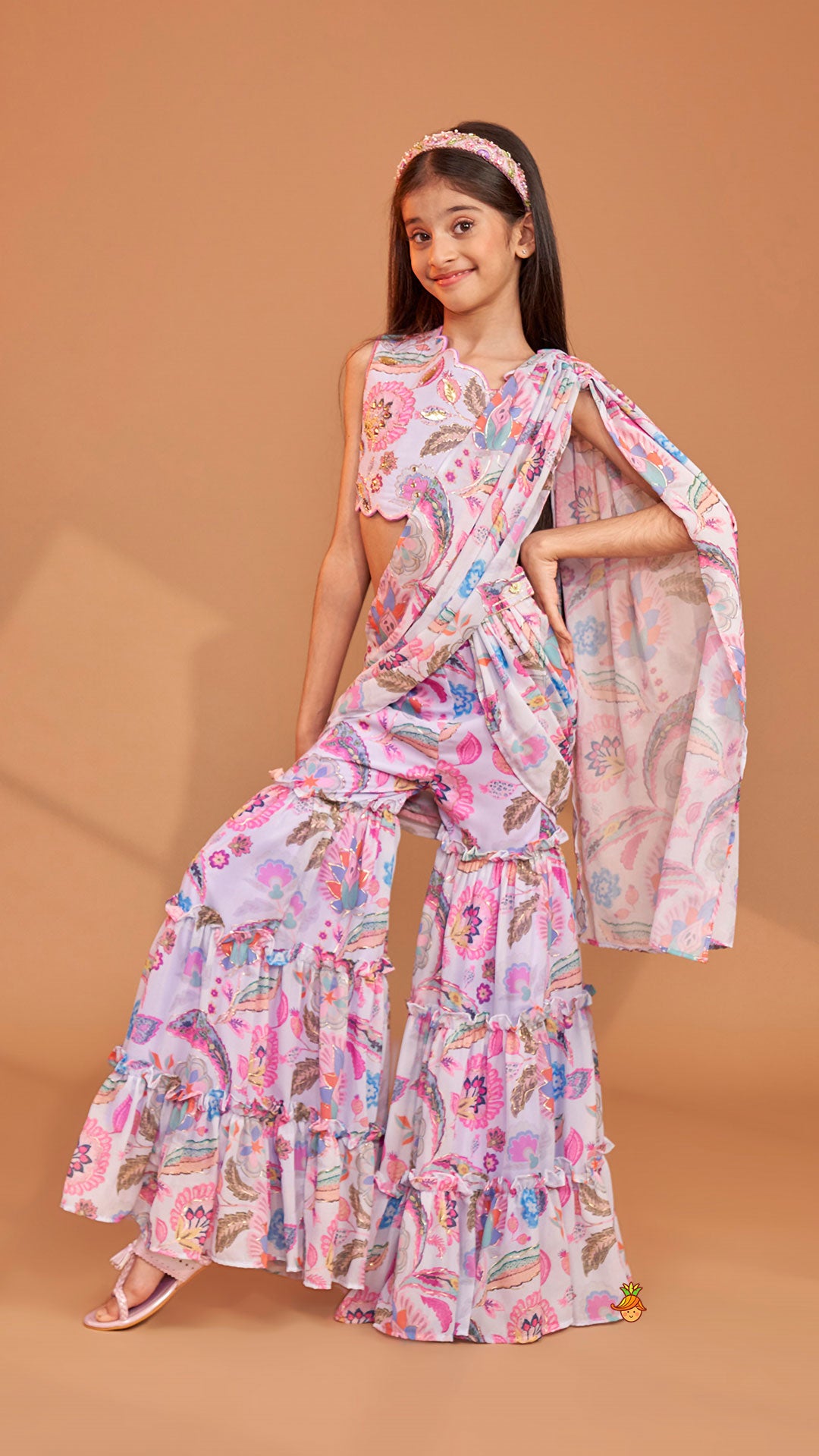 Pre Order: Gorgeous Multicolour Printed One Shoulder Scalloped Top With Flared Sharara And Drape Attached Dupatta