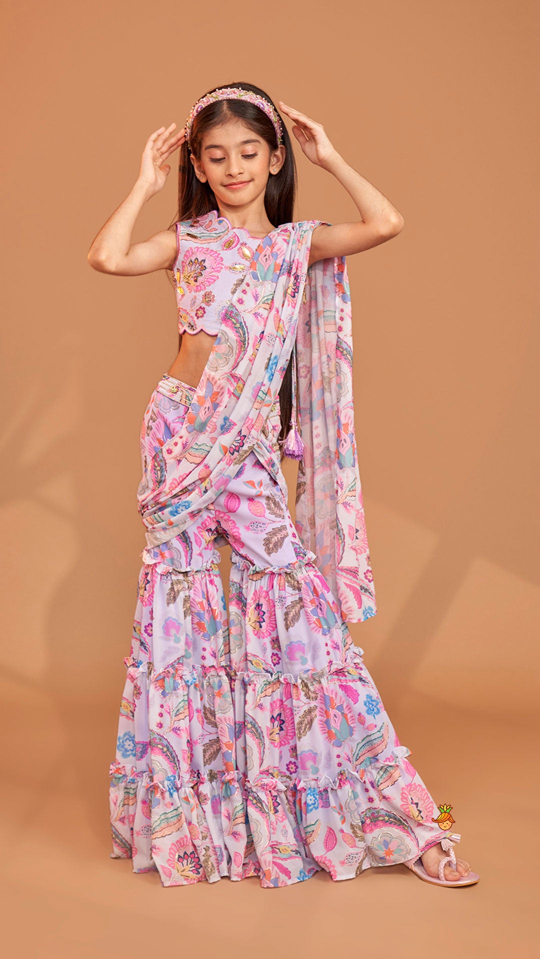 Pre Order: Gorgeous Multicolour Printed One Shoulder Scalloped Top With Flared Sharara And Drape Attached Dupatta
