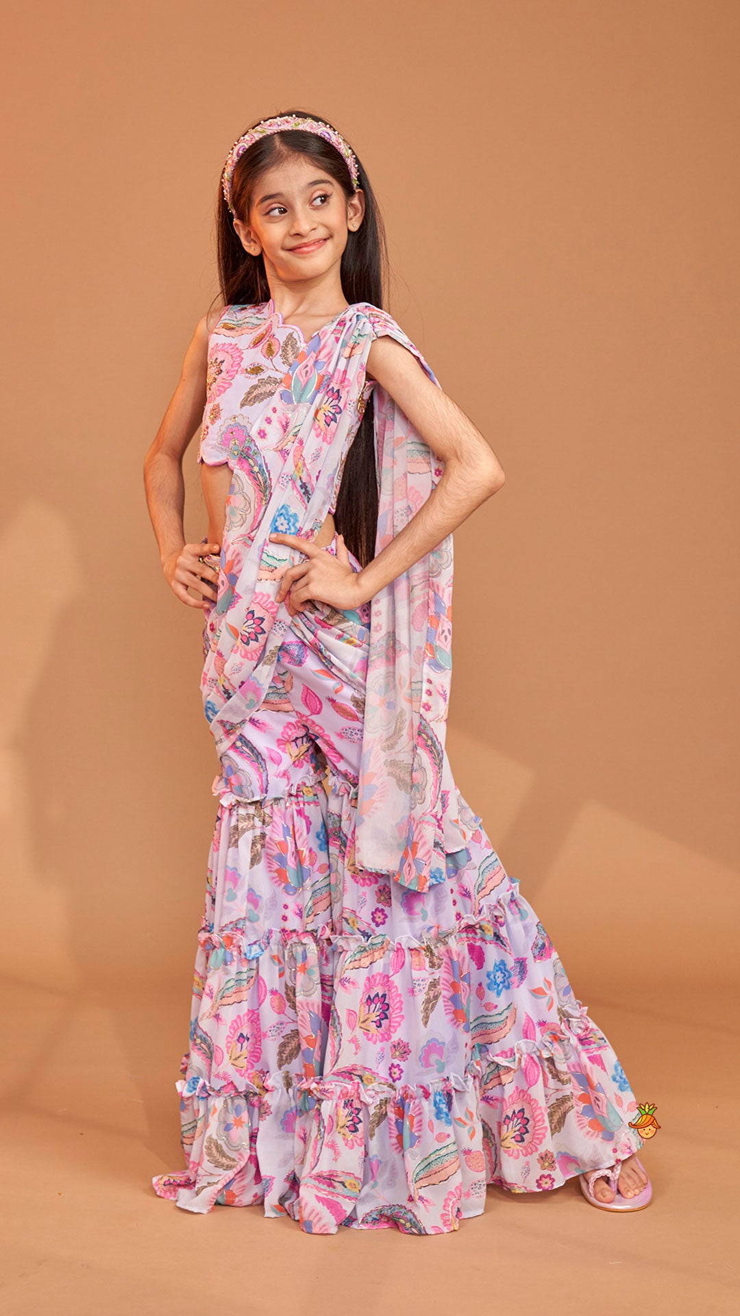 Pre Order: Gorgeous Multicolour Printed One Shoulder Scalloped Top With Flared Sharara And Drape Attached Dupatta