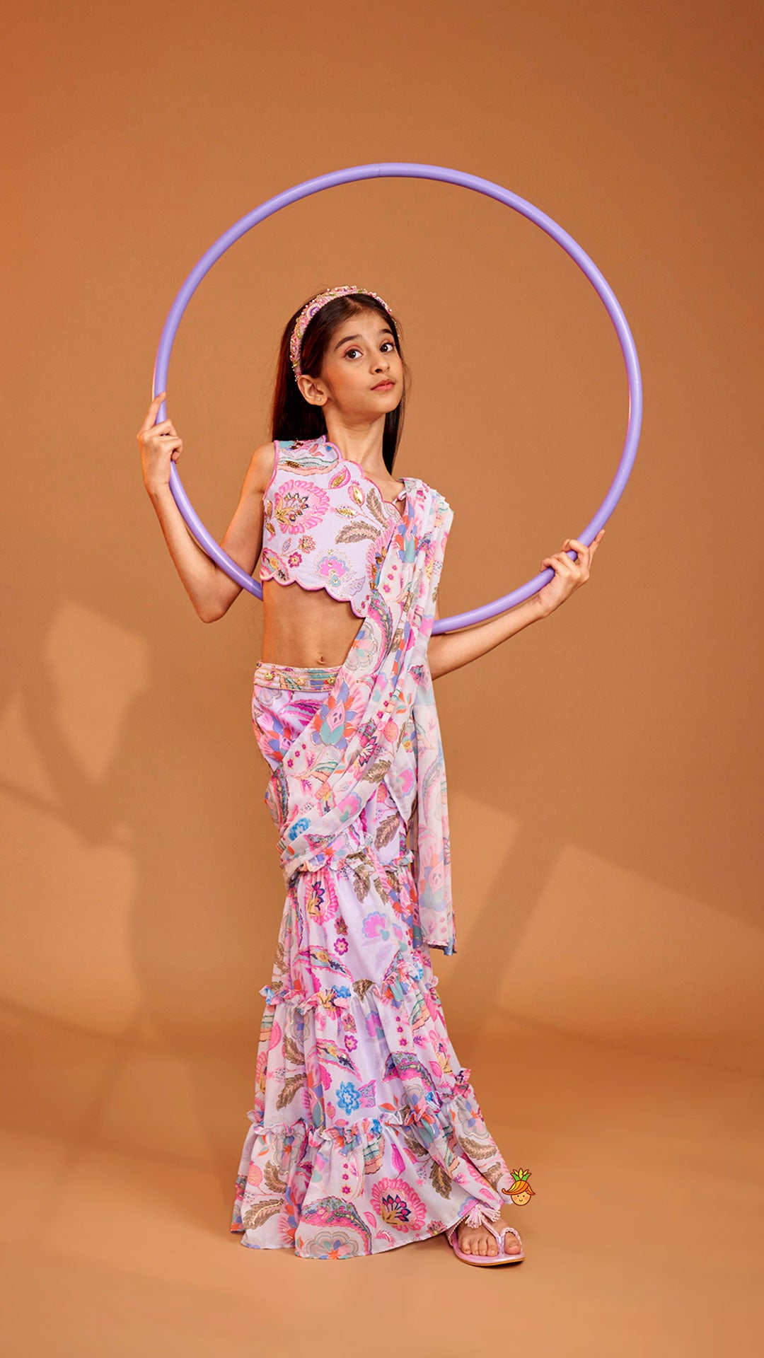Pre Order: Gorgeous Multicolour Printed One Shoulder Scalloped Top With Flared Sharara And Drape Attached Dupatta
