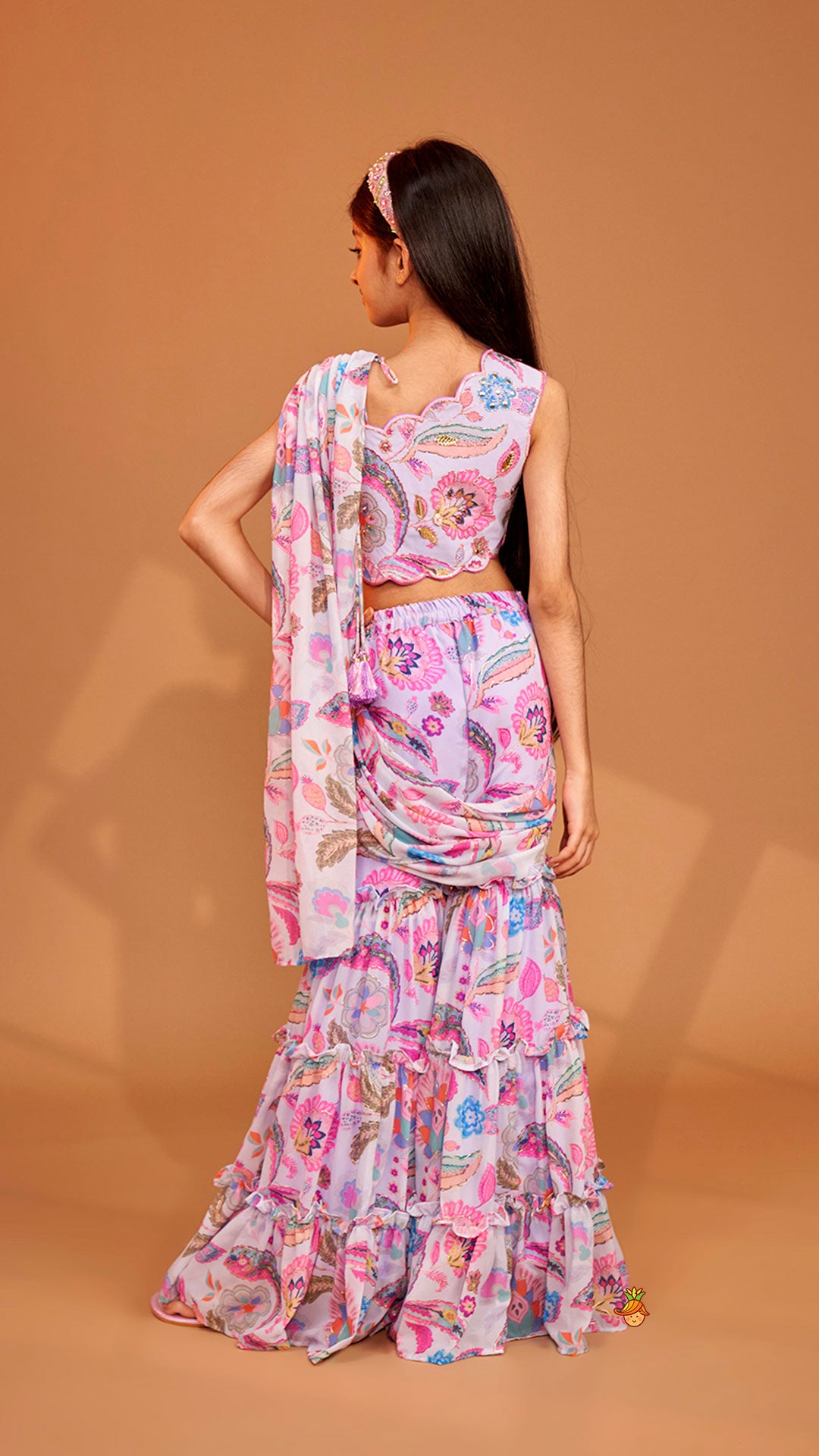 Pre Order: Gorgeous Multicolour Printed One Shoulder Scalloped Top With Flared Sharara And Drape Attached Dupatta