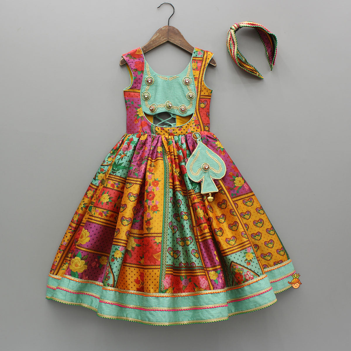 Pre Order: Elegant Multicolour Printed Sleeveless Dress With Attached Bag And Matching Hairband