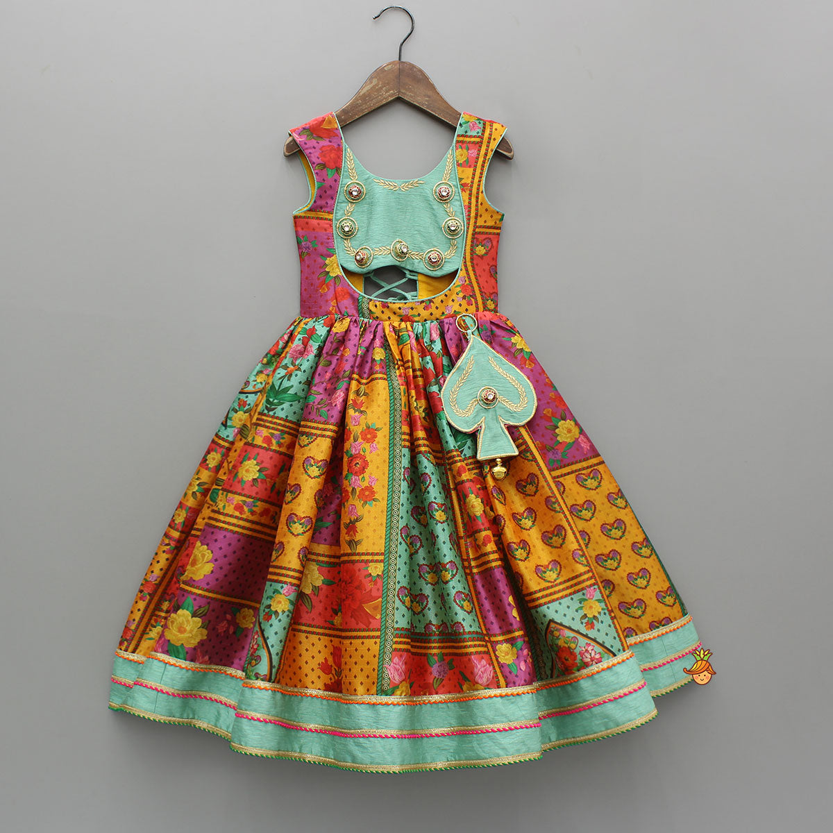 Pre Order: Elegant Multicolour Printed Sleeveless Dress With Attached Bag And Matching Hairband