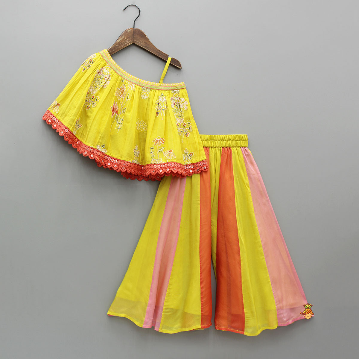Thread Embroidered One Shoulder Top With Multicolour Panel Palazzo