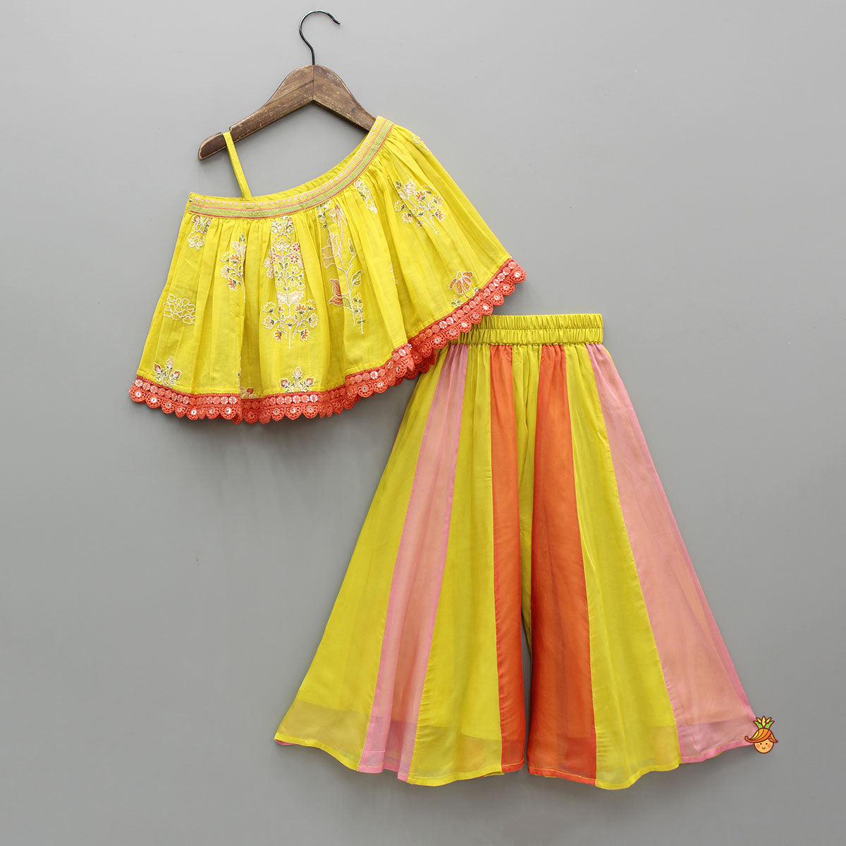 Thread Embroidered One Shoulder Top With Multicolour Panel Palazzo