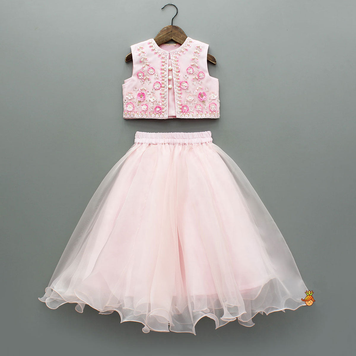 Pre Order: Pretty Pink Strappy Top With Floral Hand Embroidered Jacket And Flared Lehenga