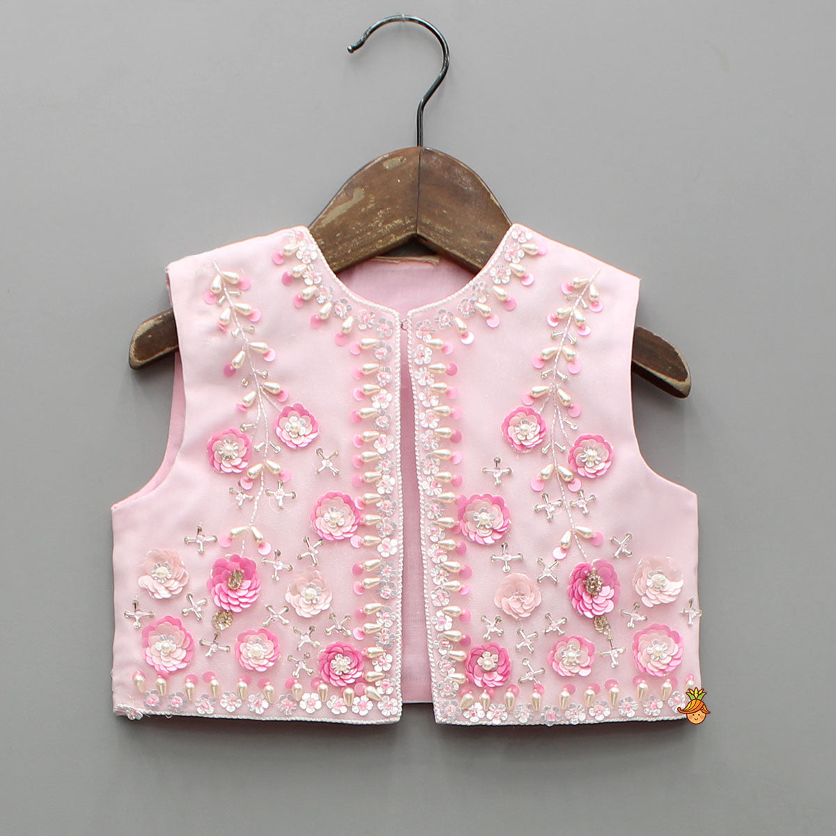 Pre Order: Pretty Pink Strappy Top With Floral Hand Embroidered Jacket And Flared Lehenga