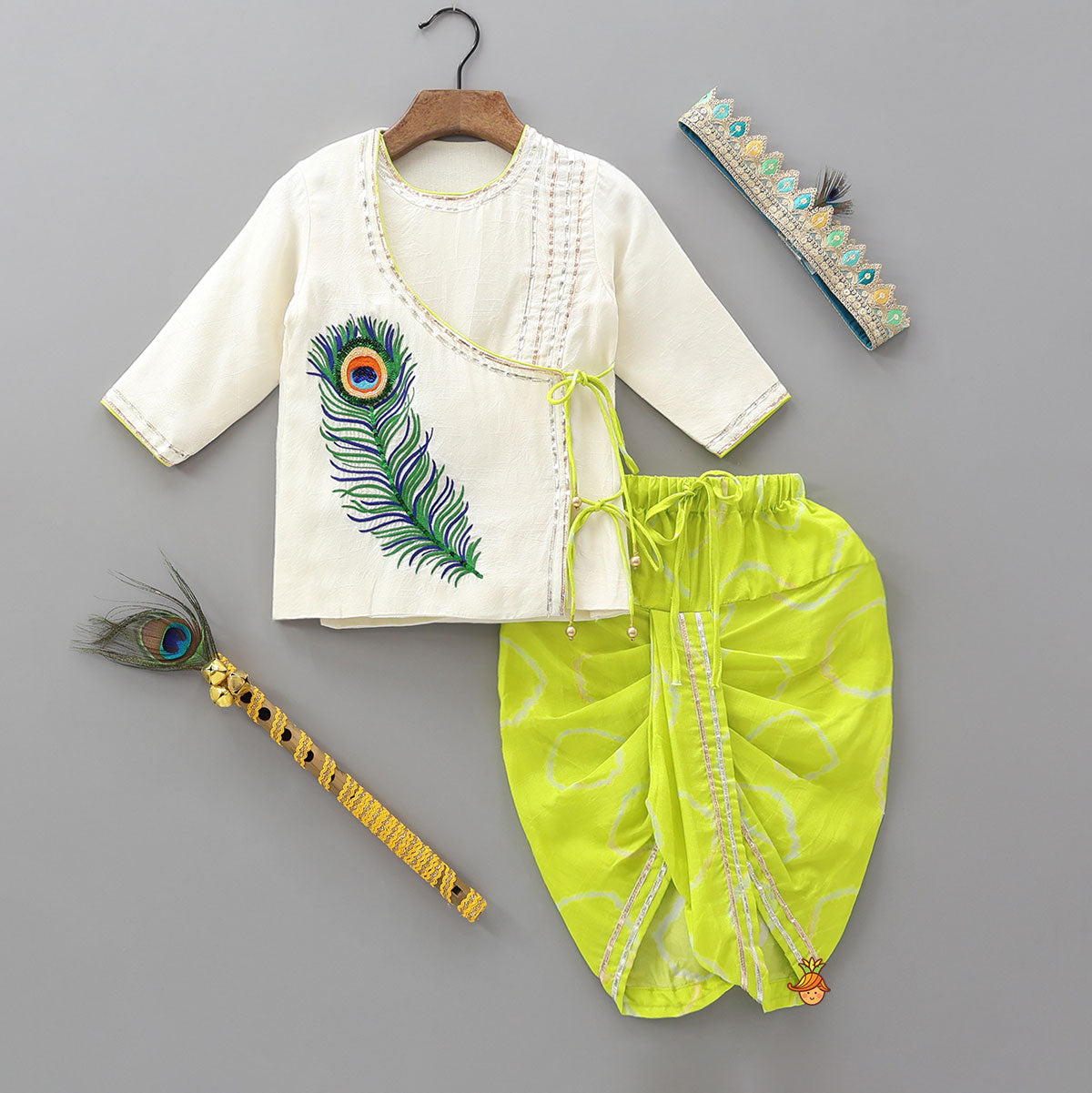 Pre Order: Mor Pankh Embroidered Kurta And Dhoti With Mukut And Basuri
