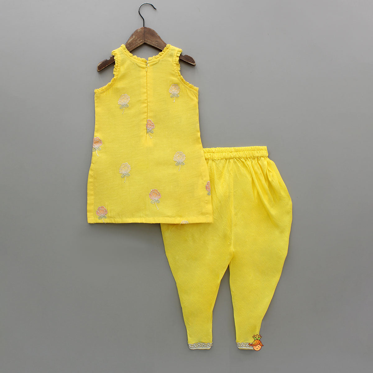 Pre Order: Yellow Sequin Embroidered Sleeveless Kurti With Dhoti And Dupatta