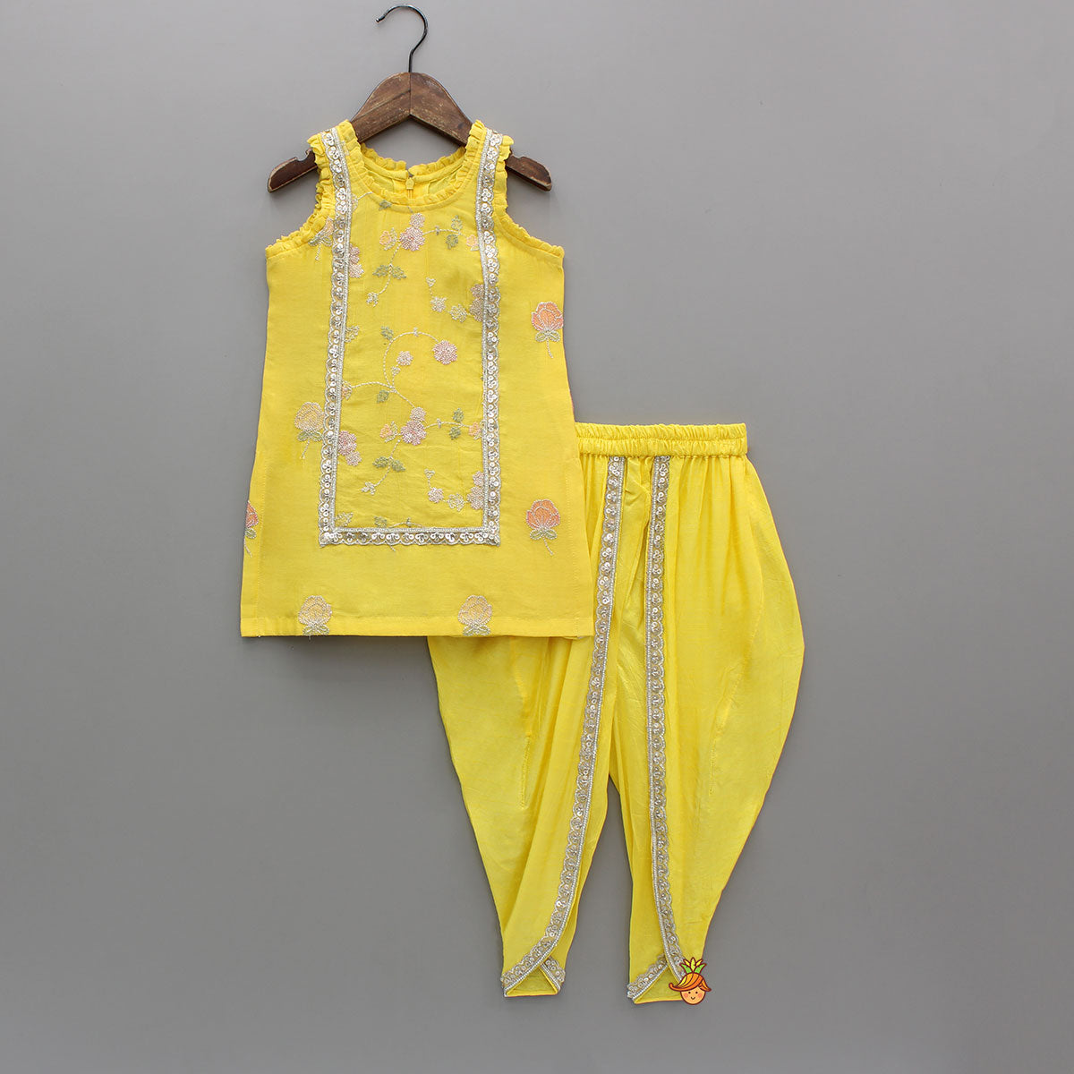 Pre Order: Yellow Sequin Embroidered Sleeveless Kurti With Dhoti And Dupatta