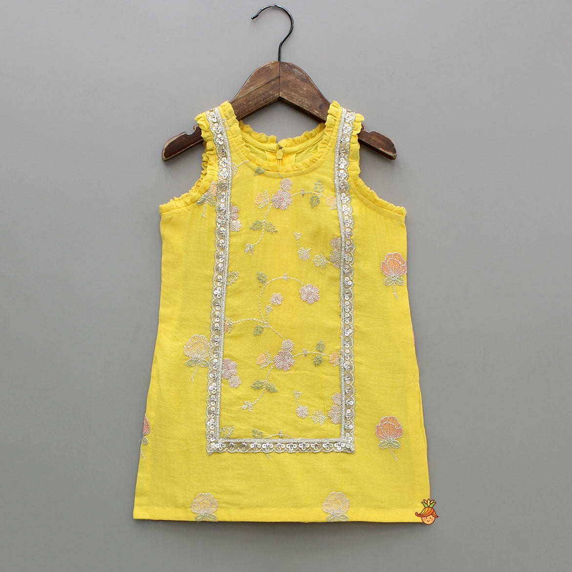 Pre Order: Yellow Sequin Embroidered Sleeveless Kurti With Dhoti And Dupatta