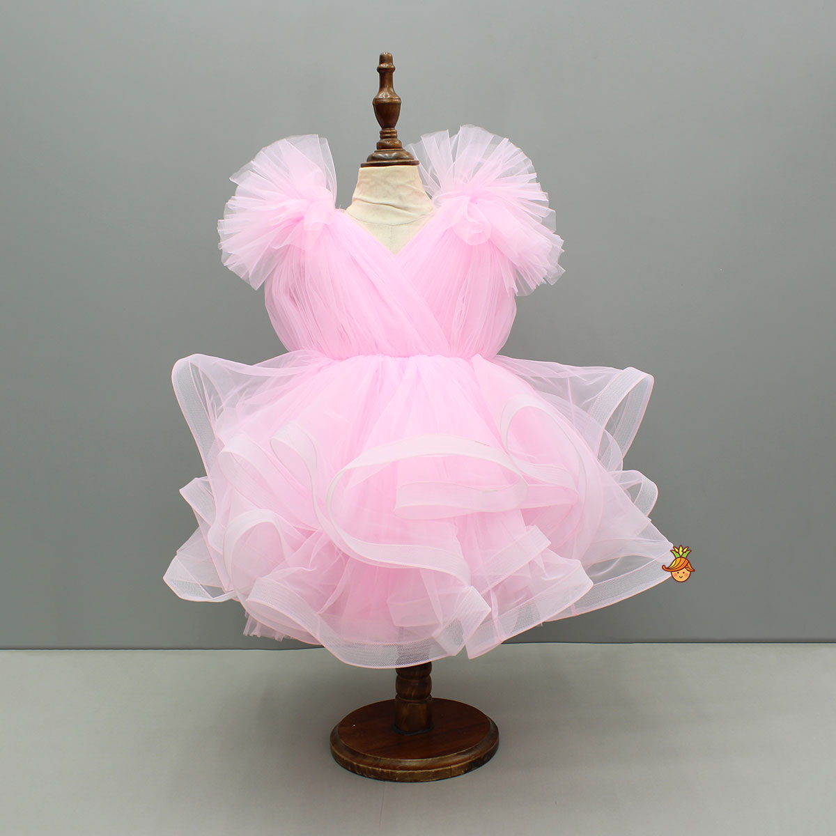 Pre Order: Pink Ruffled Net Dress With Stylish Sleeves