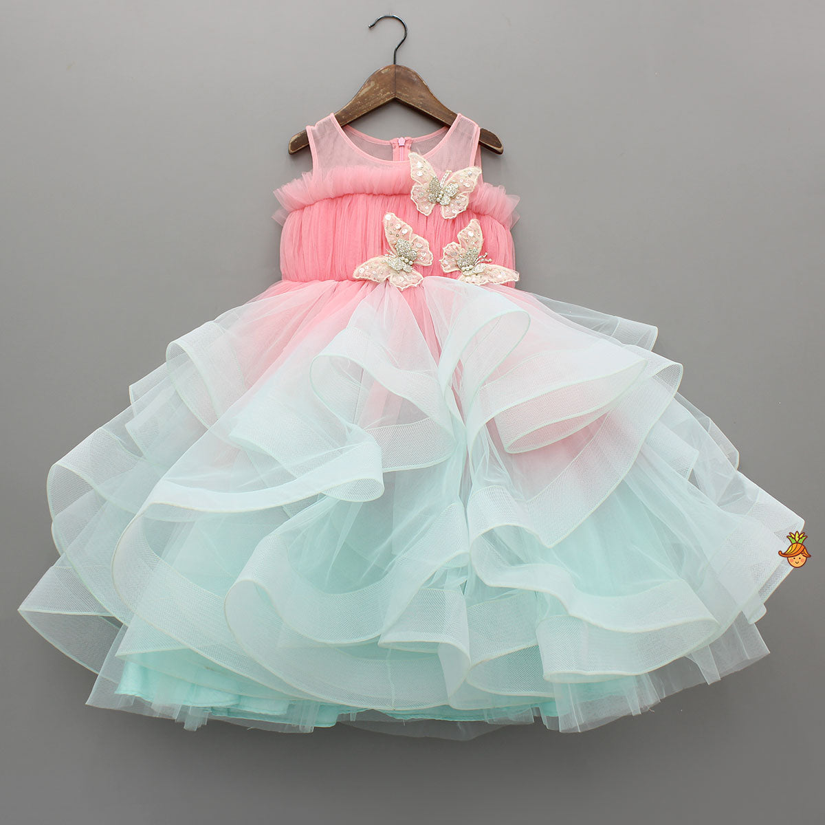 Pre Order: Beautiful Ombre Ruffled Gown With Butterfly Embellishments