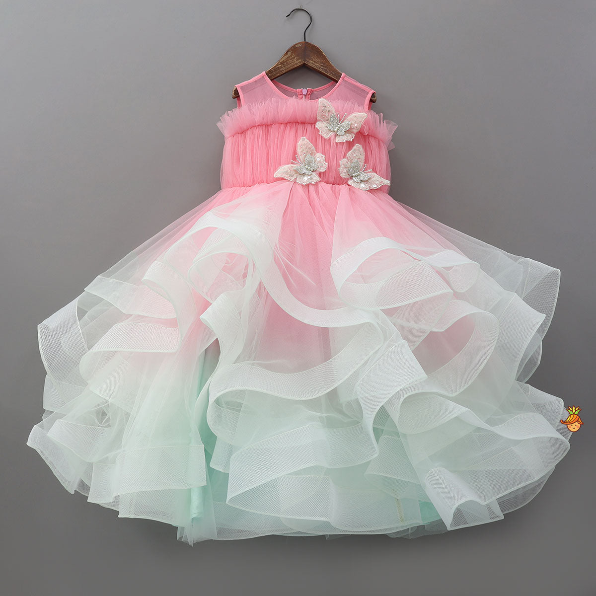 Beautiful Ombre Ruffled Gown With Butterfly Embellishments