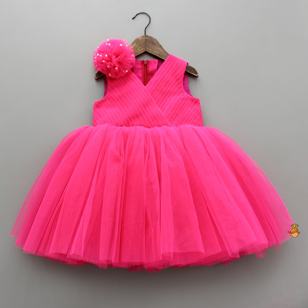 Pre Order: Hot Pink Flower Adorned Dress With Detachable Butterfly Wings