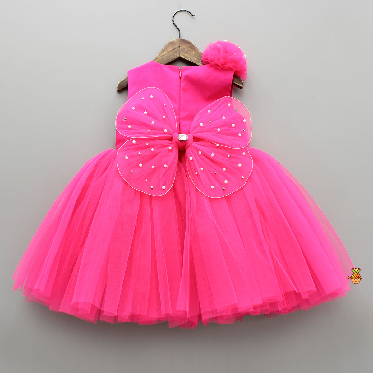 Pre Order: Hot Pink Flower Adorned Dress With Detachable Butterfly Wings