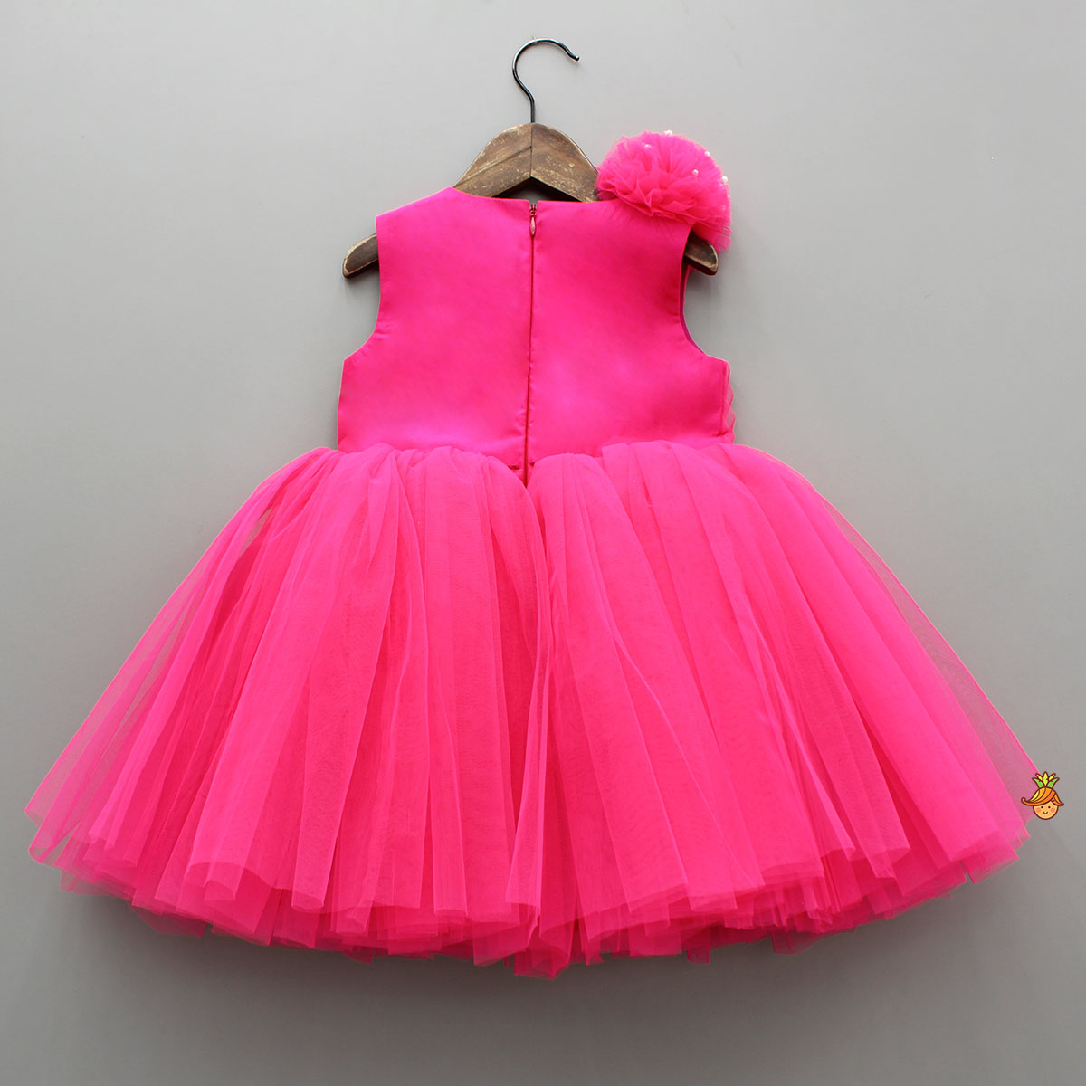 Pre Order: Hot Pink Flower Adorned Dress With Detachable Butterfly Wings