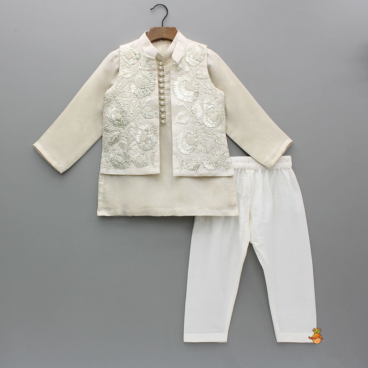 Pre Order: Shimmery Ivory Kurta With Front Open Gota Embroidered Jacket And Pyjama