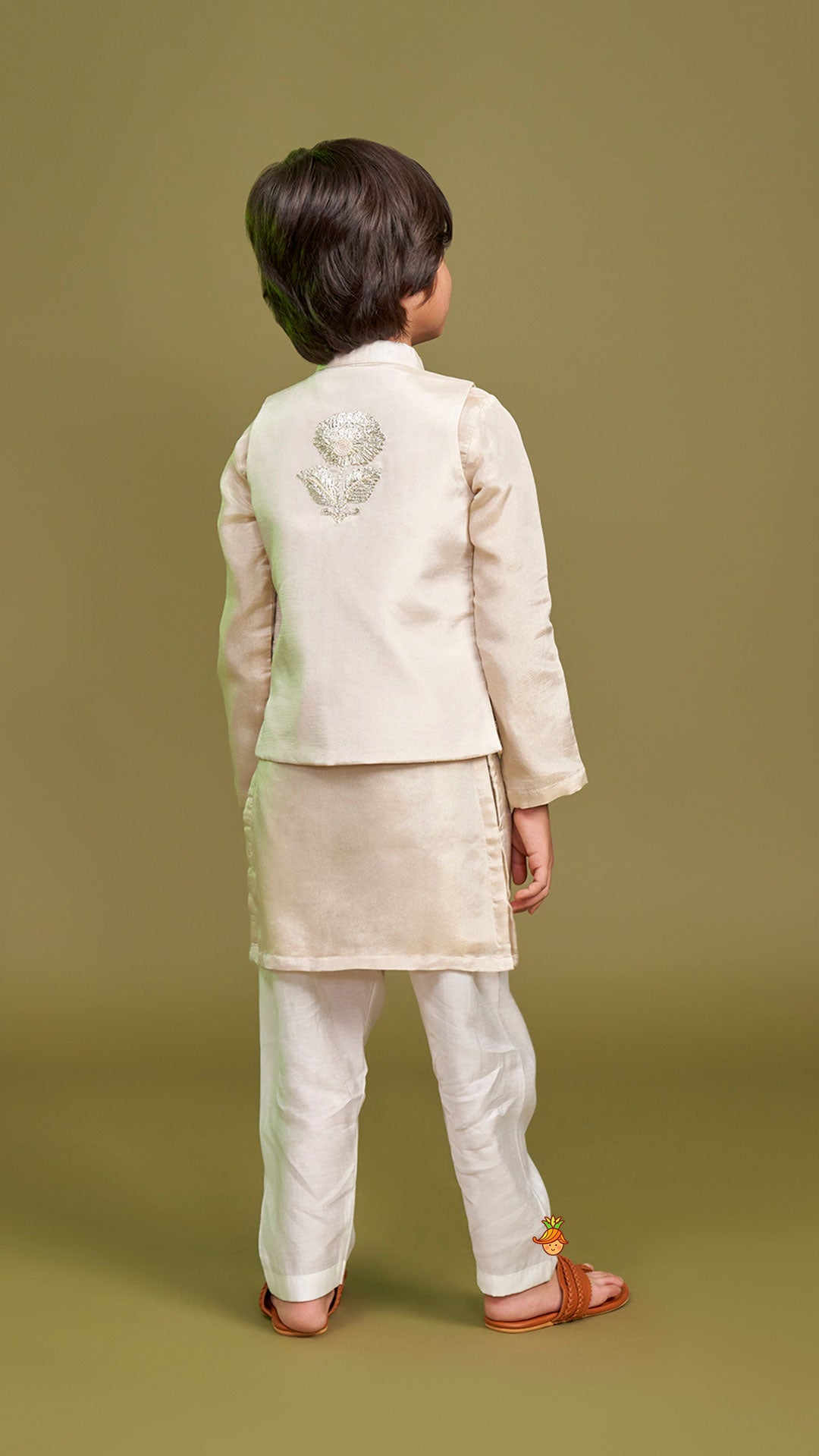 Pre Order: Shimmery Ivory Kurta With Front Open Gota Embroidered Jacket And Pyjama