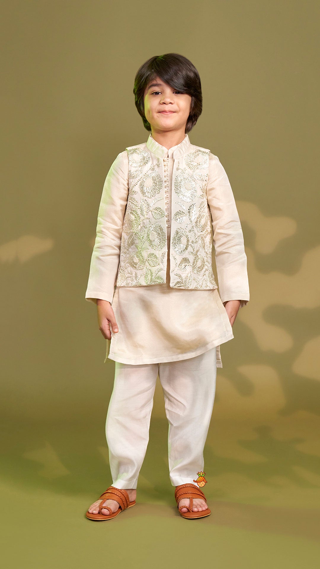 Pre Order: Shimmery Ivory Kurta With Front Open Gota Embroidered Jacket And Pyjama