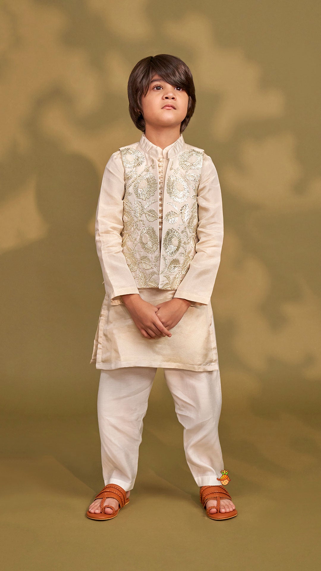 Pre Order: Shimmery Ivory Kurta With Front Open Gota Embroidered Jacket And Pyjama