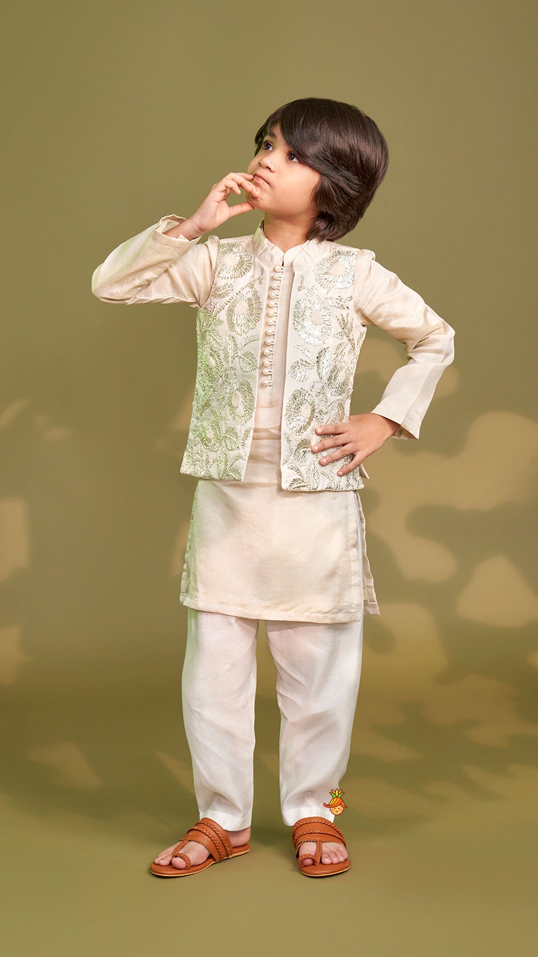 Pre Order: Shimmery Ivory Kurta With Front Open Gota Embroidered Jacket And Pyjama