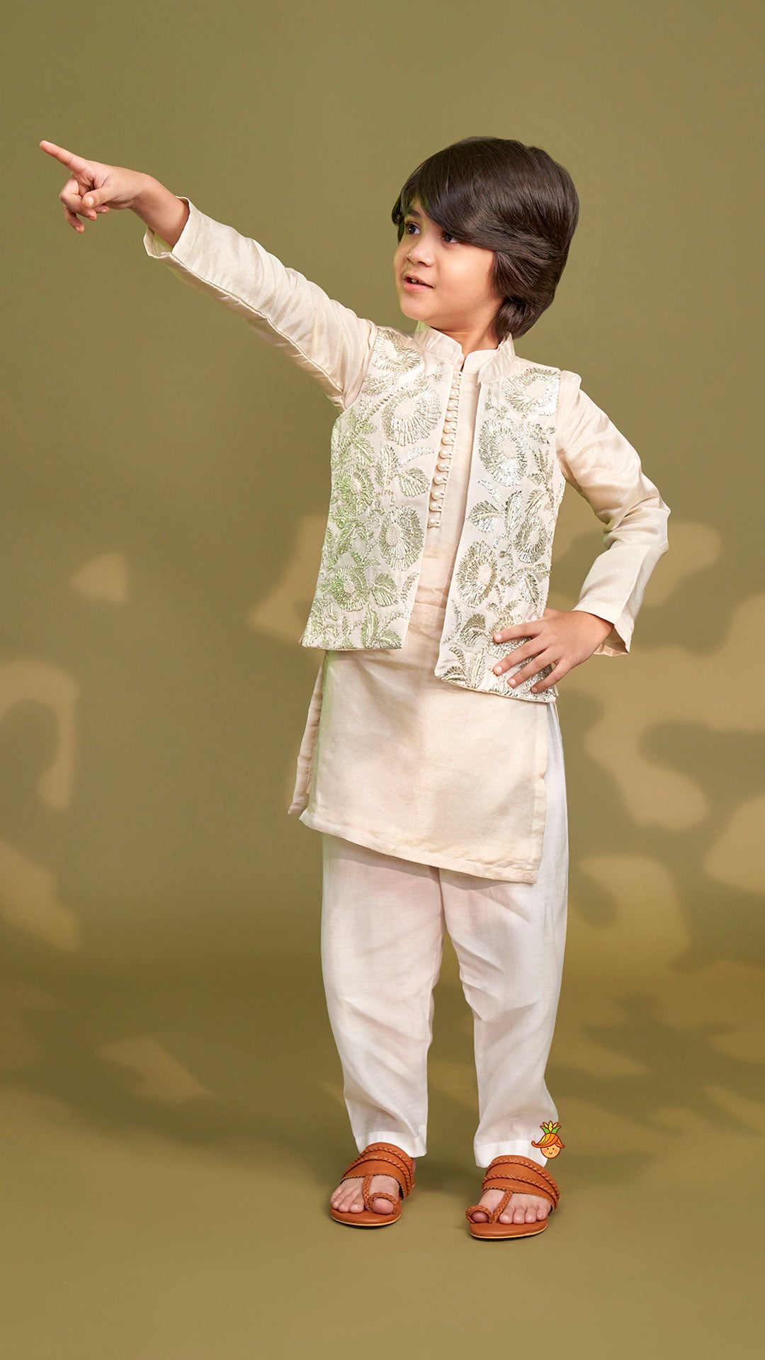 Pre Order: Shimmery Ivory Kurta With Front Open Gota Embroidered Jacket And Pyjama