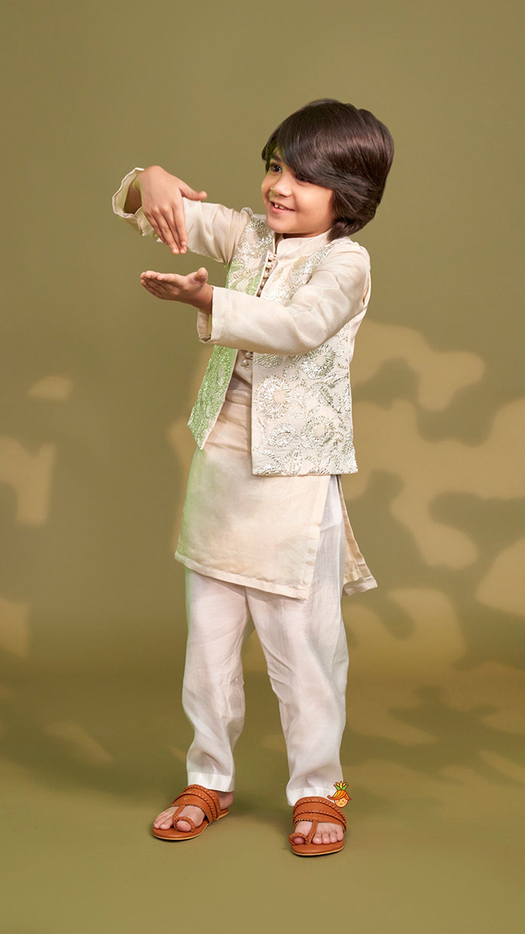 Pre Order: Shimmery Ivory Kurta With Front Open Gota Embroidered Jacket And Pyjama