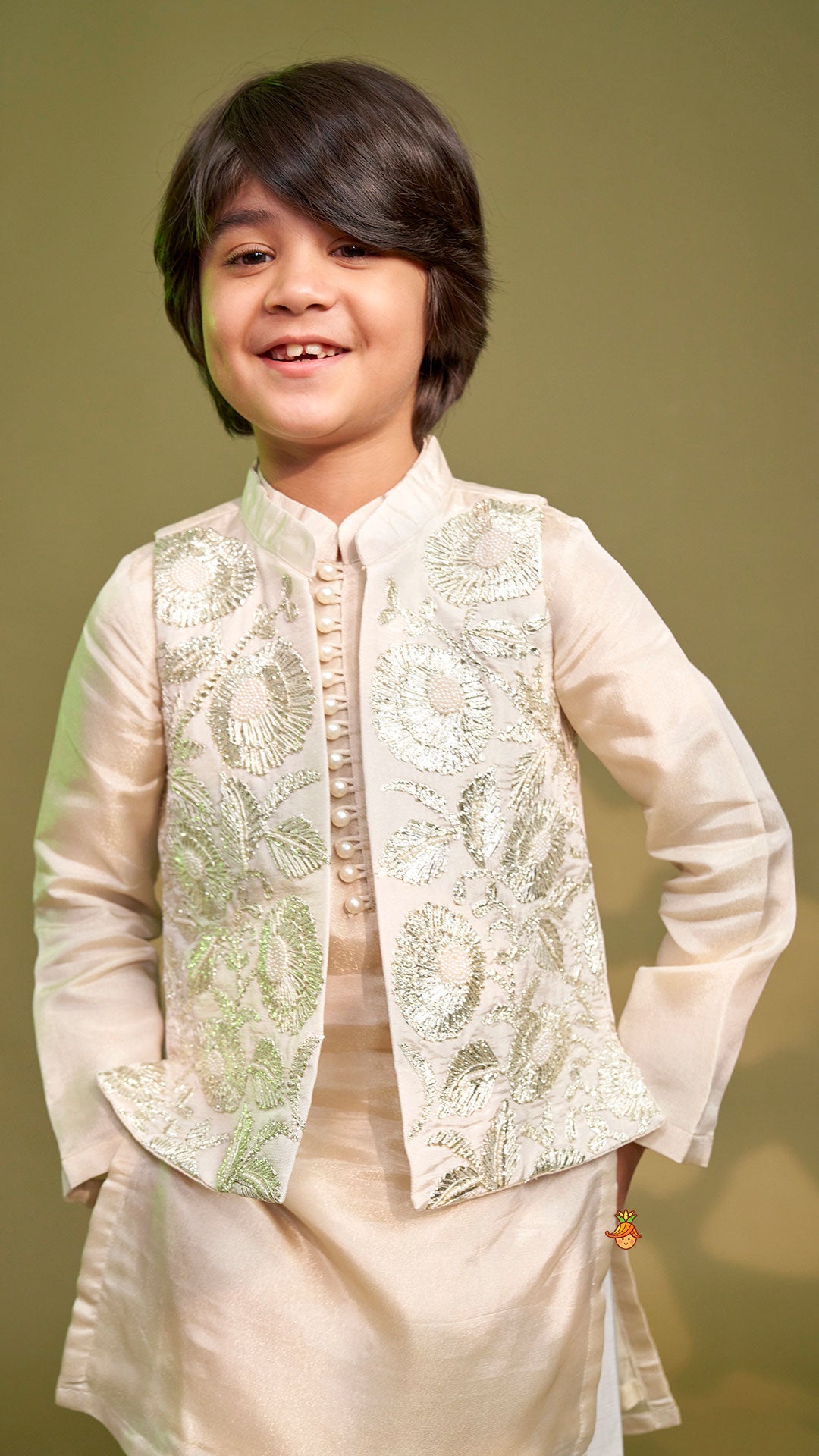 Pre Order: Shimmery Ivory Kurta With Front Open Gota Embroidered Jacket And Pyjama