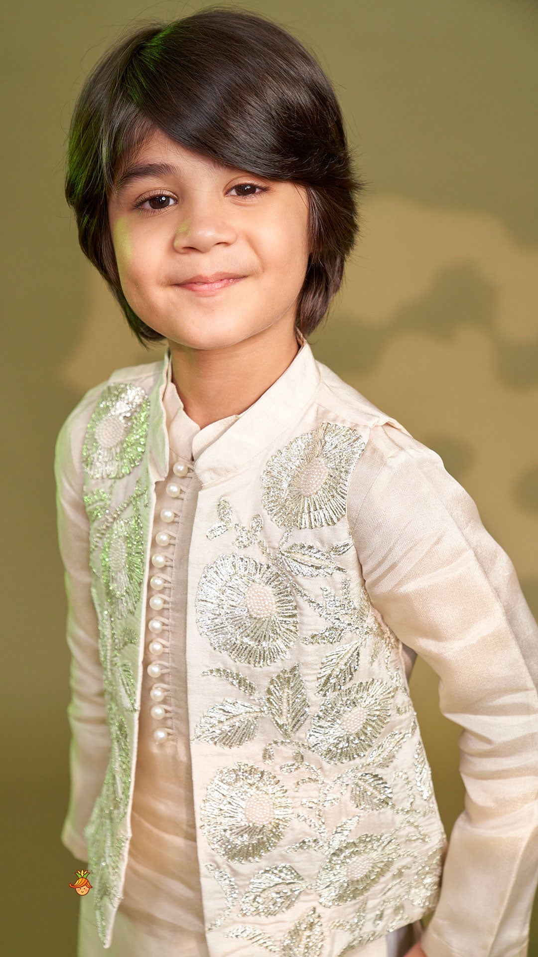Pre Order: Shimmery Ivory Kurta With Front Open Gota Embroidered Jacket And Pyjama