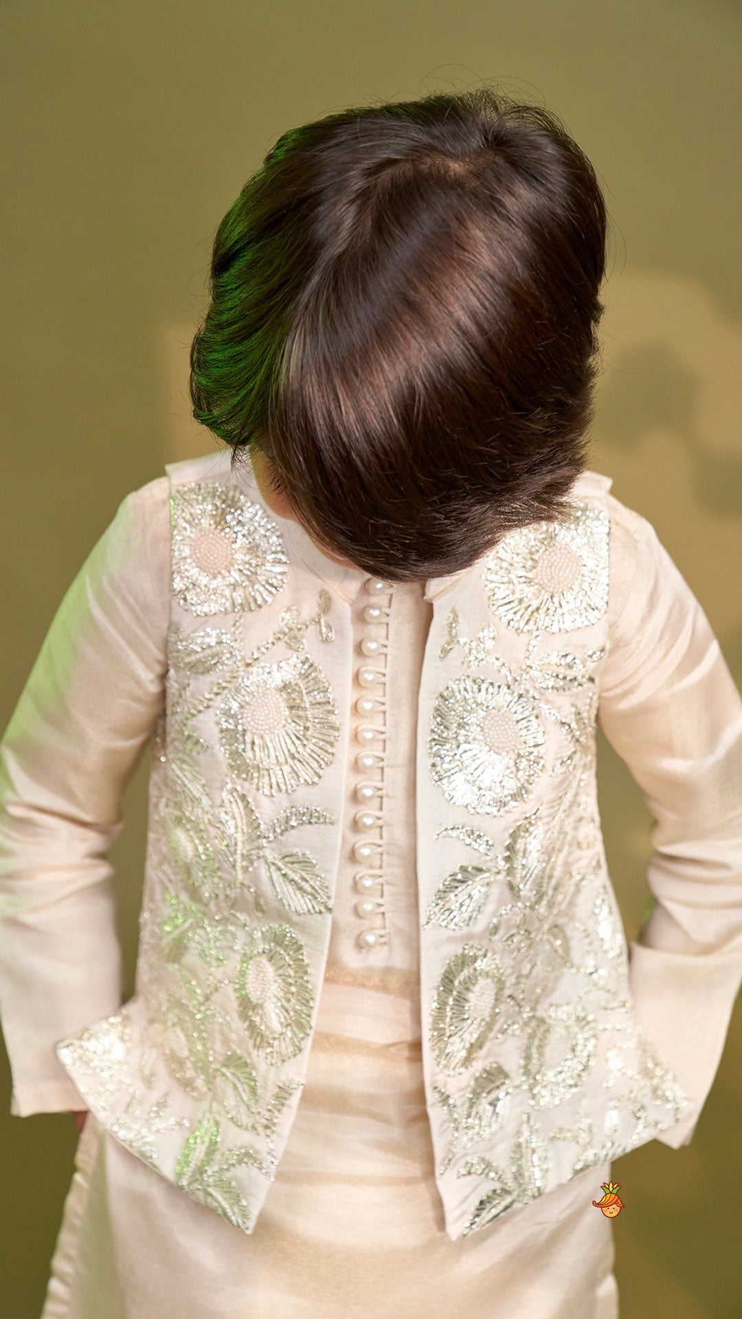 Pre Order: Shimmery Ivory Kurta With Front Open Gota Embroidered Jacket And Pyjama