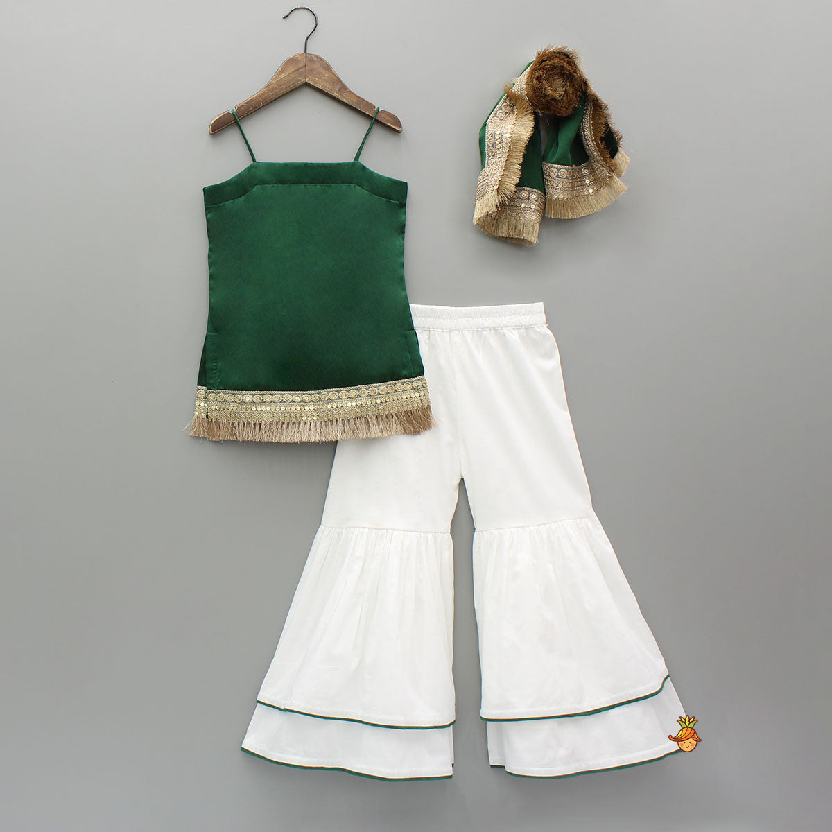 Pre Order: Elegant Green Strappy Lace Detailed Kurti With Tiered Sharara And Dupatta