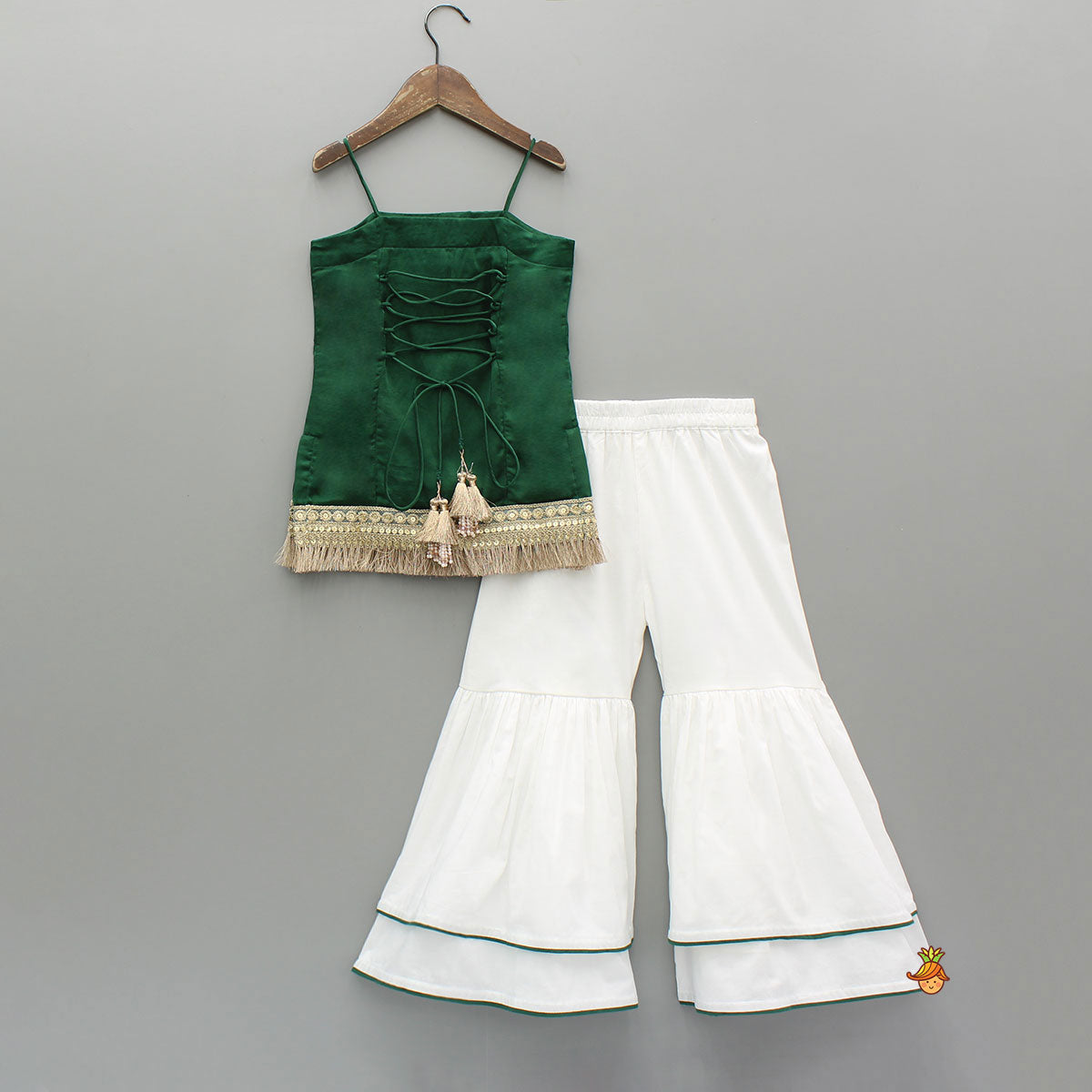 Pre Order: Elegant Green Strappy Lace Detailed Kurti With Tiered Sharara And Dupatta