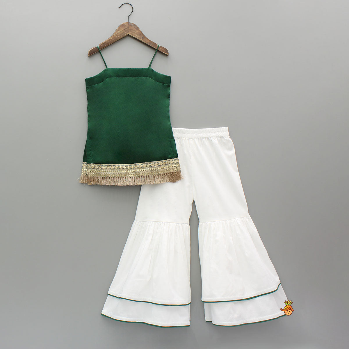 Pre Order: Elegant Green Strappy Lace Detailed Kurti With Tiered Sharara And Dupatta