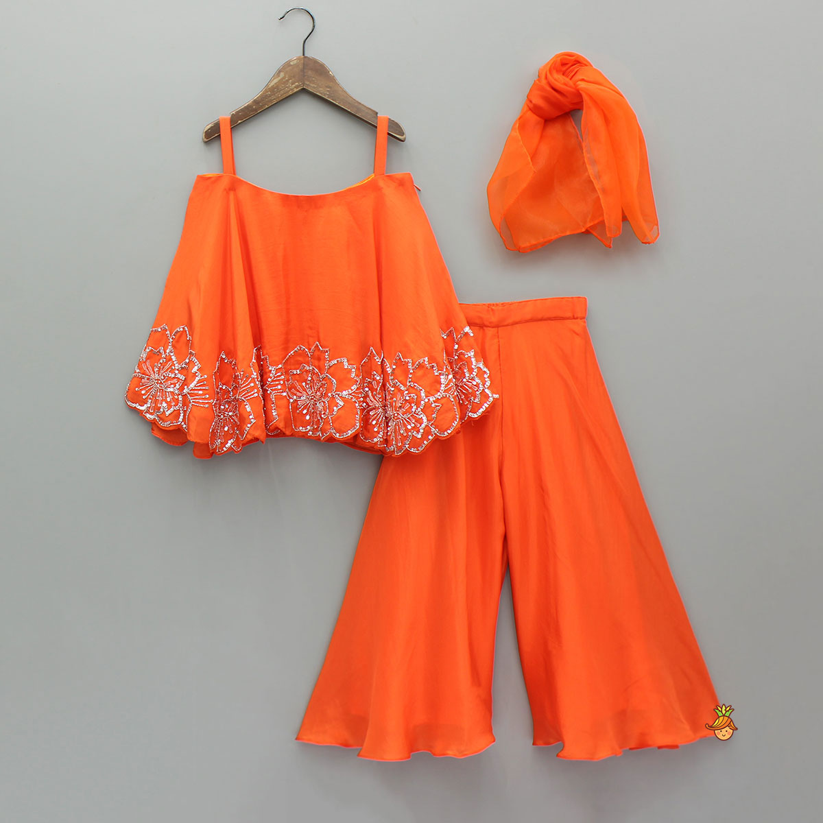 Pre Order: Orange Strappy Kurti With Palazzo And Dupatta
