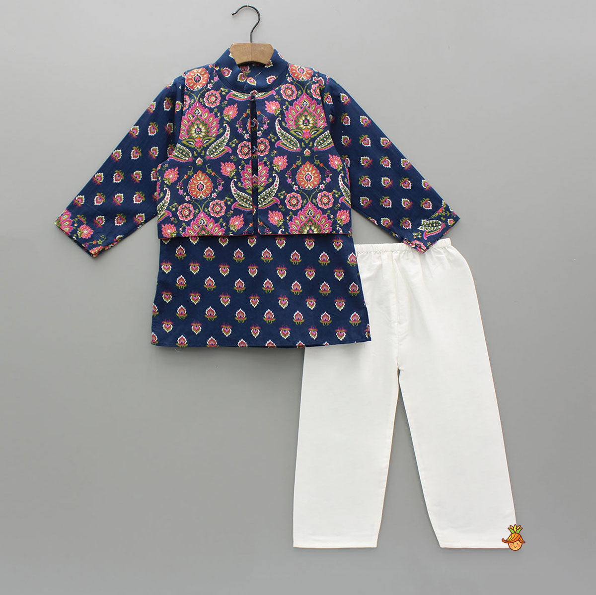 Pre Order: Blue Printed Kurta With Front Open Jacket And Pyjama