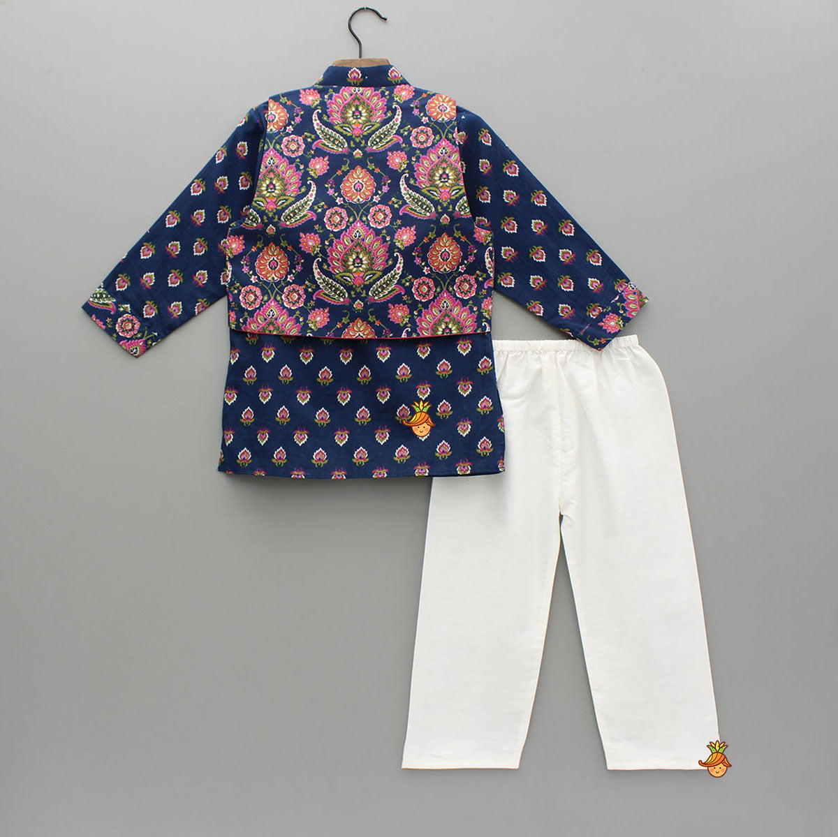 Pre Order: Blue Printed Kurta With Front Open Jacket And Pyjama