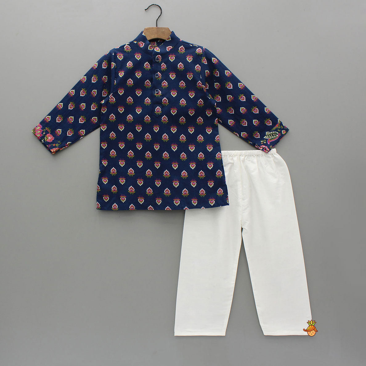 Pre Order: Blue Printed Kurta With Front Open Jacket And Pyjama