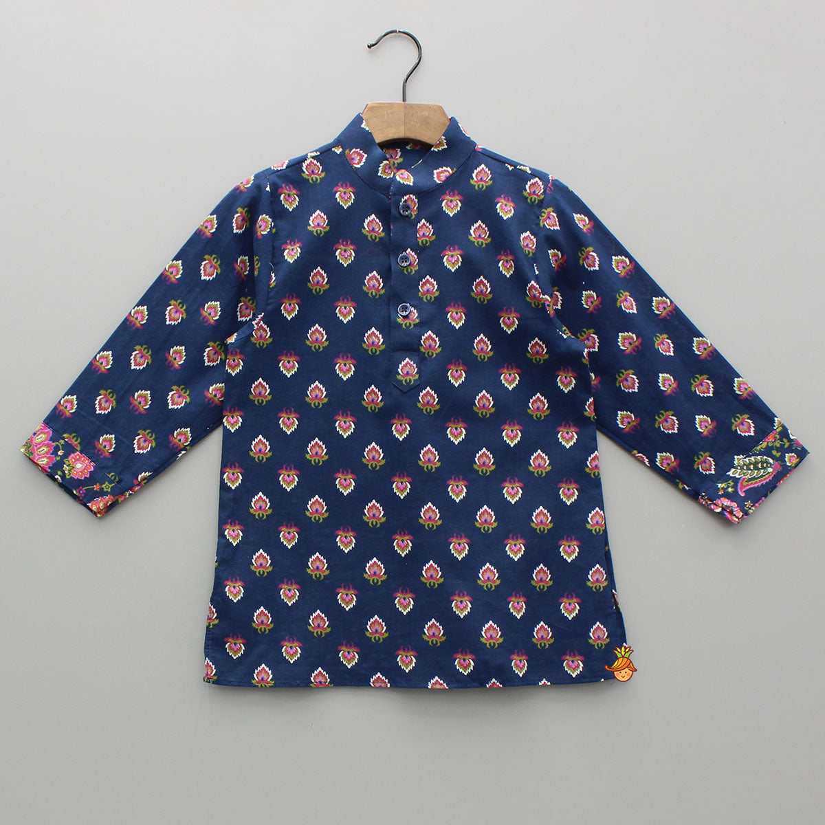 Pre Order: Blue Printed Kurta With Front Open Jacket And Pyjama