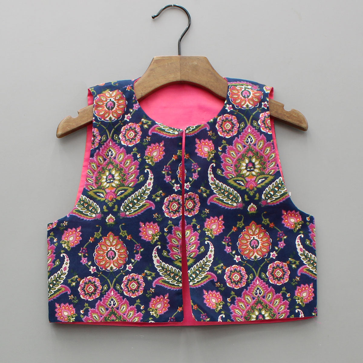 Pre Order: Blue Printed Kurta With Front Open Jacket And Pyjama