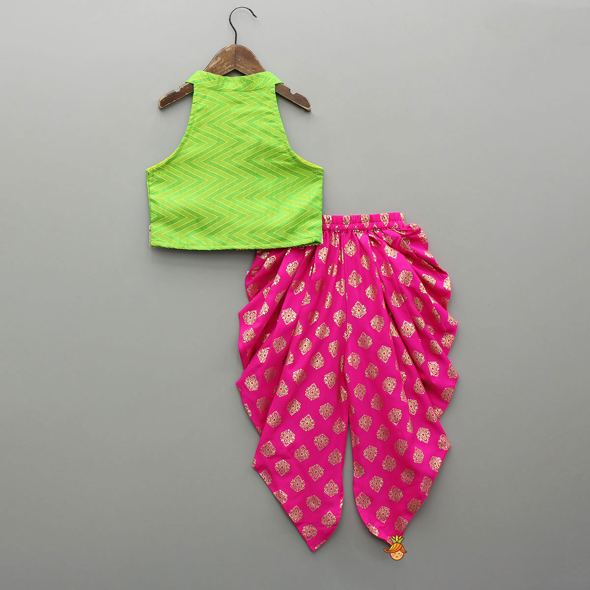 Green Halter Neck Chevron Pattern Top With Pink Printed Dhoti